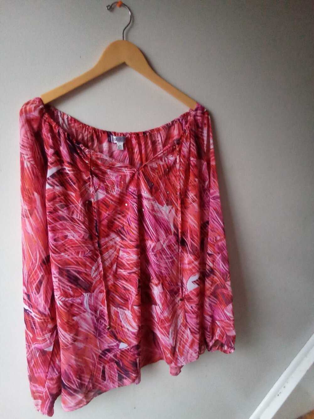 Jennifer Lopez Blouse Size 2XL Red White Gems Tie Flouncy Sleeves Fairy Boho